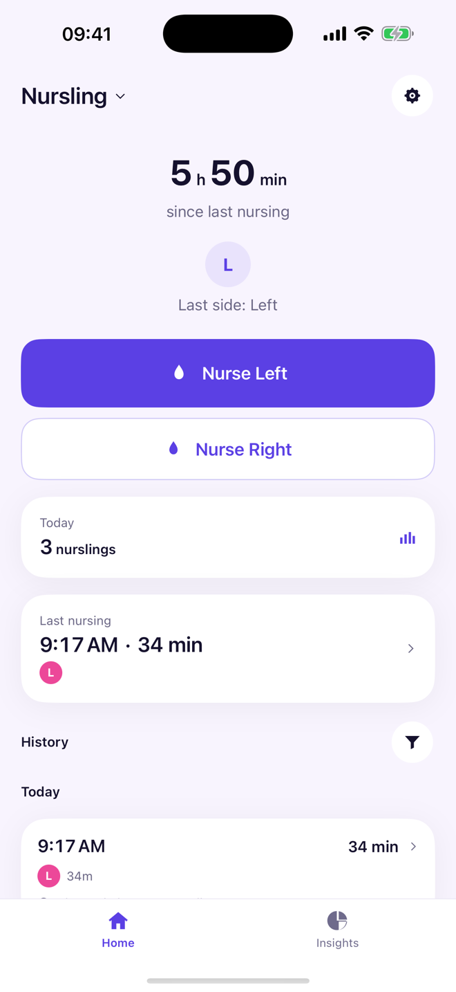 Nursling home screen showing time since the last nursing