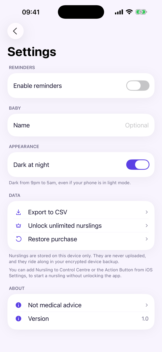 Nursling settings screen showing reminders, dark at night, CSV export and privacy notes