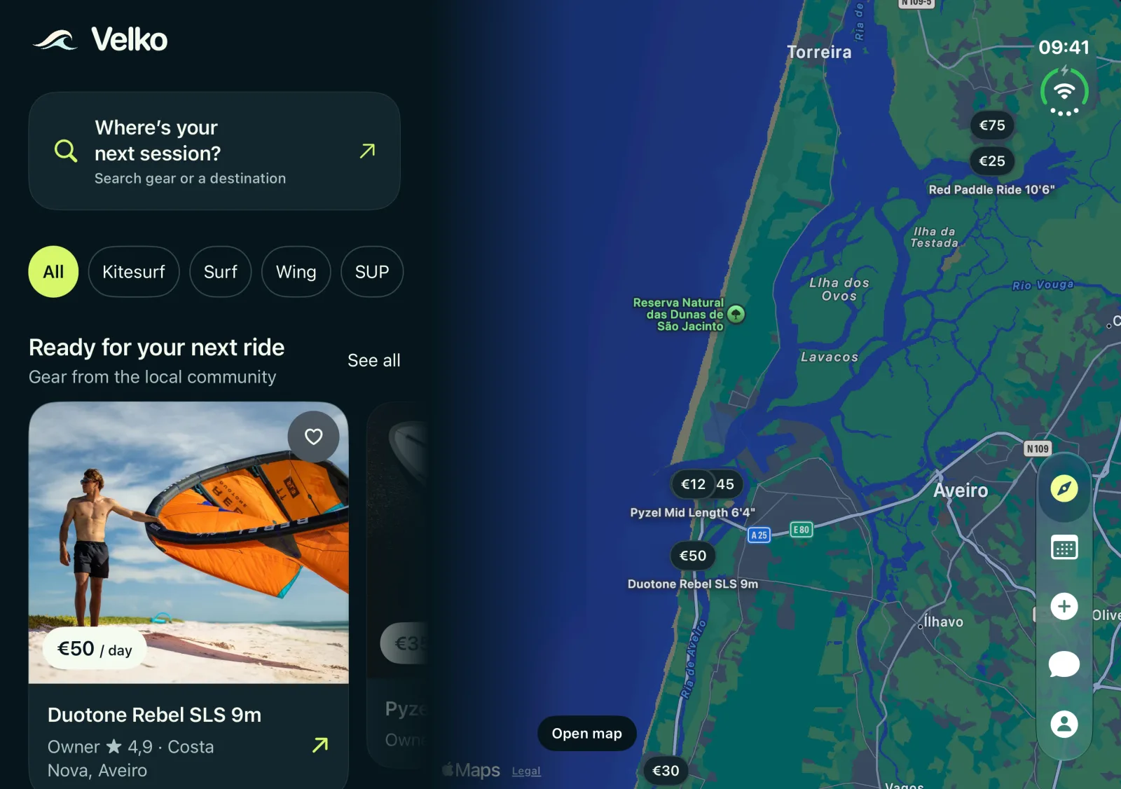 Velko on the unfolded iPhone Duo: the Explore feed with a Duotone Rebel SLS 9m kite at €50 a day on the left, a full-height map of the Aveiro coast with price pins on the right