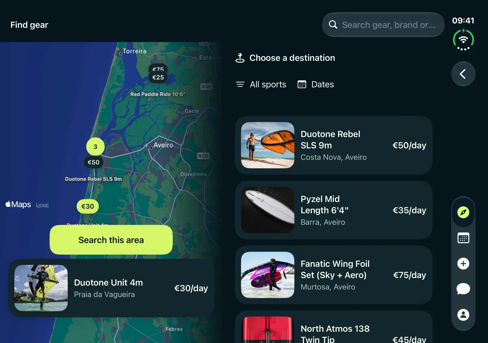 Velko search on the unfolded iPhone Duo: a map with a selected €30 pin and its Duotone Unit 4m preview on the left, filters and listing results on the right