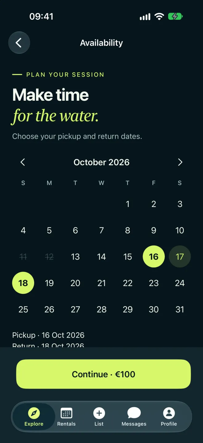 Velko availability calendar with 16 to 18 October selected and a Continue · €100 button