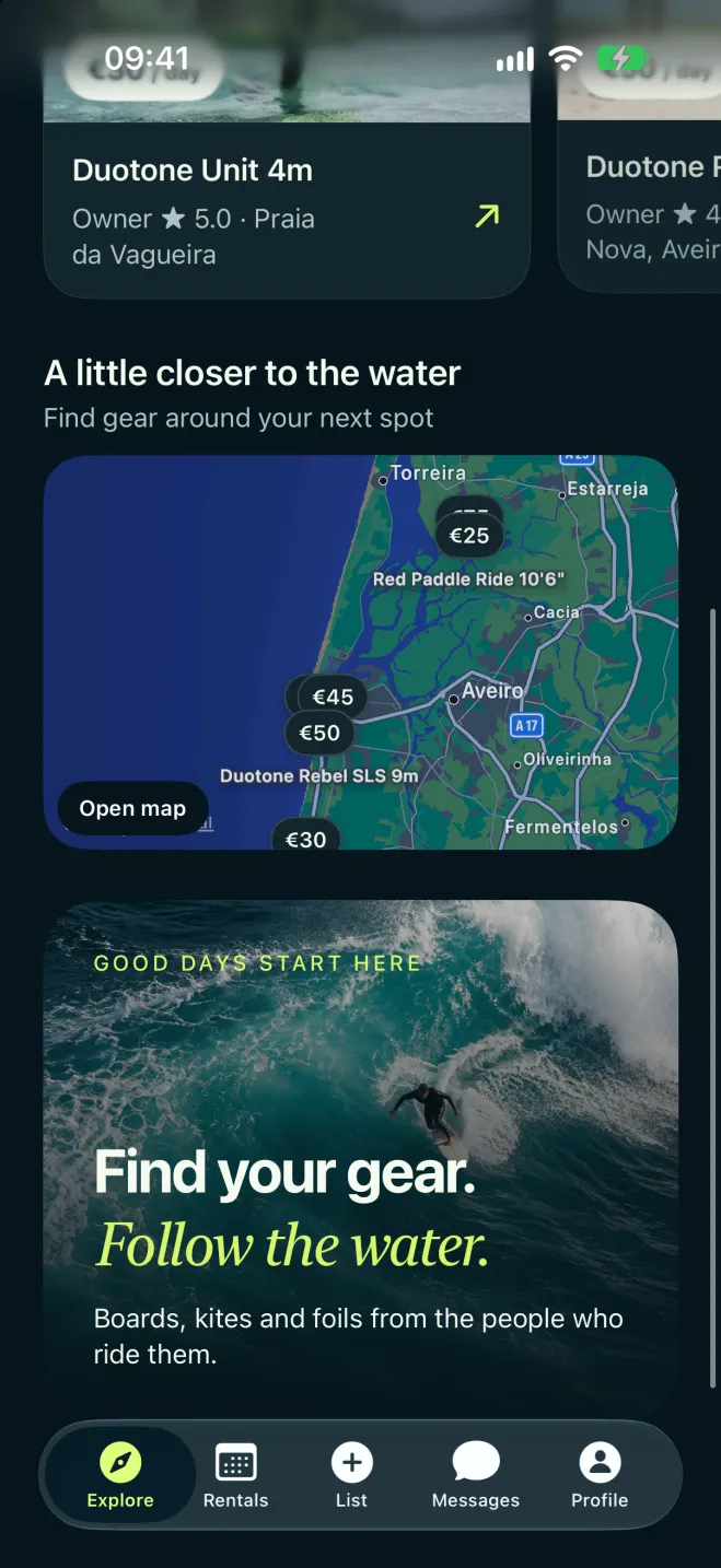 Velko Explore map preview with prices and a “Find your gear. Follow the water.” card