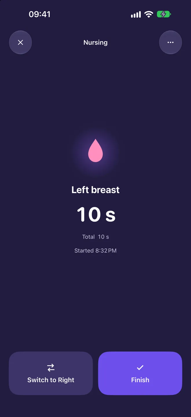A nursing session in progress on the left breast, with Switch and Finish buttons