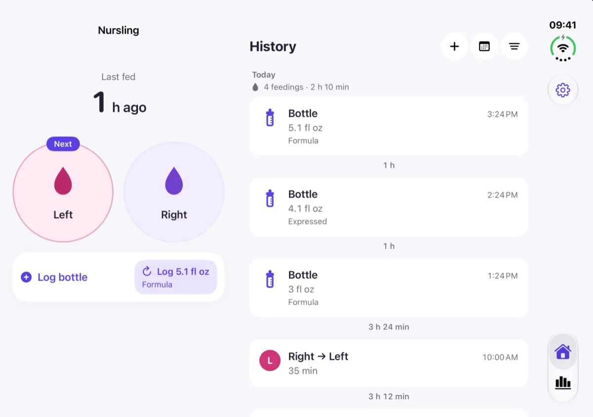 Nursling on iPhone Duo: the Left and Right buttons beside the feeding history