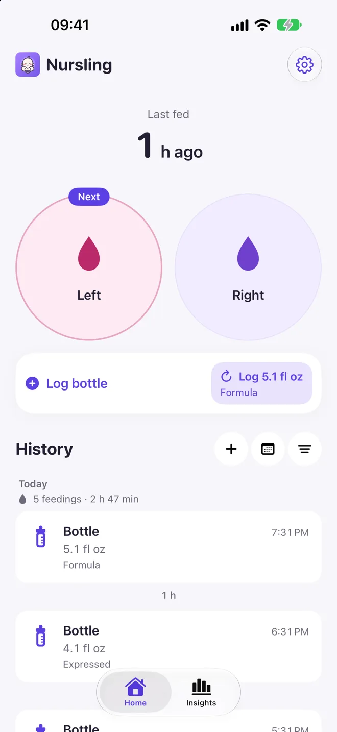 Nursling home screen with the next breast highlighted and a one-tap bottle log